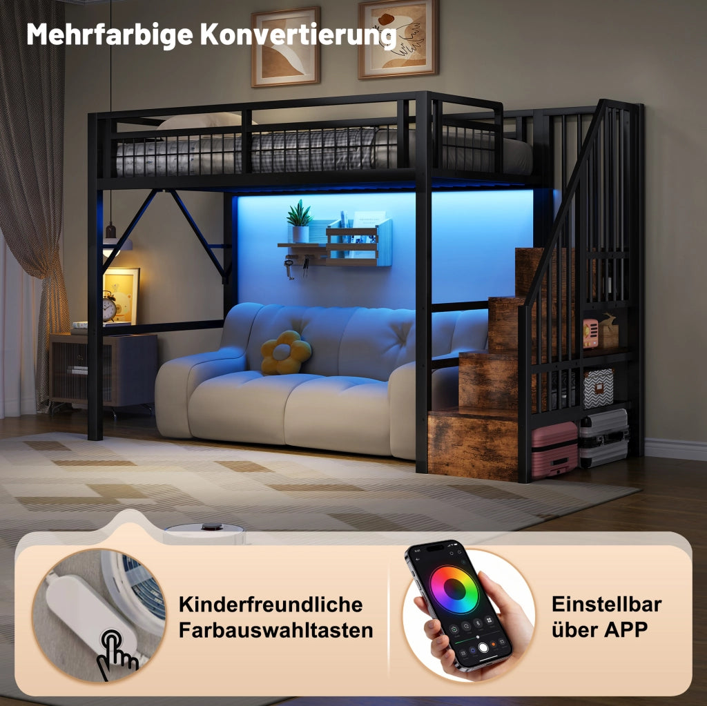 Letto a soppalco 90x200 cm con struttura in ferro, LED integrati e scaletta con contenitori, senza materasso, nero