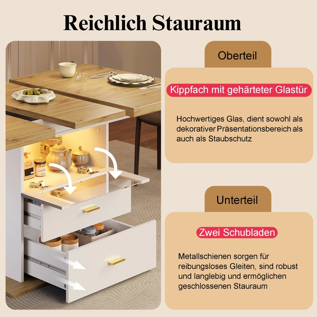Tavolo da pranzo allungabile con LED controllabile via app e vano contenitore in MDF bianco