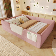 Letto per bambini imbottito 140 ¡Á 190 cm in velluto rosa con sponde removibili e tasca portaoggetti