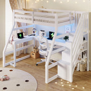 Letto a soppalco 90x200 con scrivania; bianco; scala contenitore e luci LED