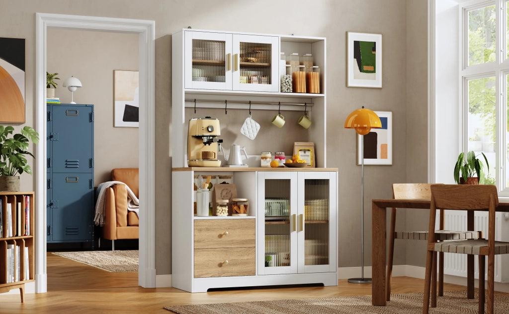 Armadio da cucina 178 cm, colonna con LED e presa, vetrina porte vetro temperato, cantinetta vino, bianco effetto legno piano rinforzato