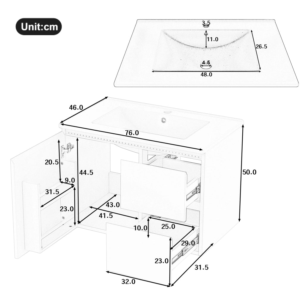 Mobile bagno sospeso 76x46x50 cm in MDF con lavabo in ceramica integrato, due cassetti silenziosi e luci LED a sensore radar, bianco