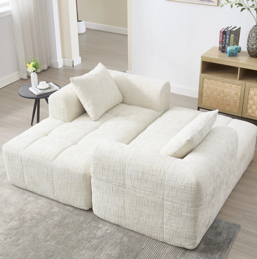 Divano Chaise Longue Beige con Tessuto Morbido, Cuscino Incluso e Tasche Laterali per Telecomando e Smartphone