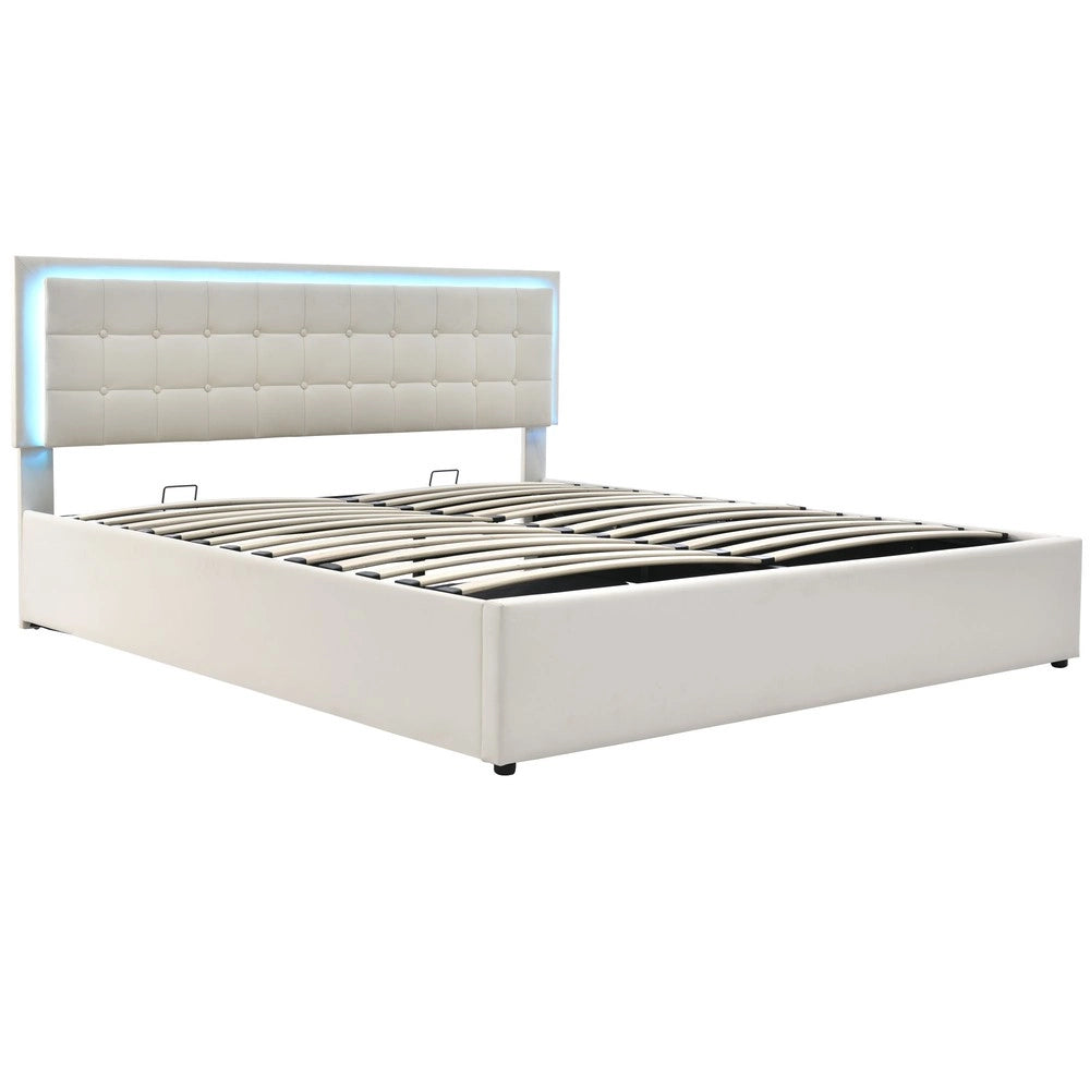 Letto Contenitore Imbottito con LED ¨C MINIMAL ¨C Similpelle Bianco 180x200