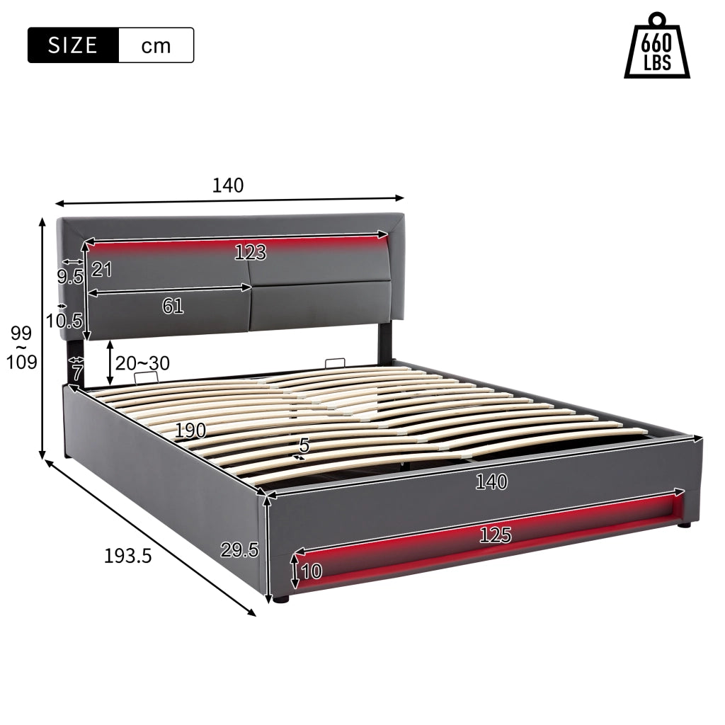 Letto imbottito 140 × 190 cm con ricarica USB e wireless LED telecomandato vano contenitore in PU grigio