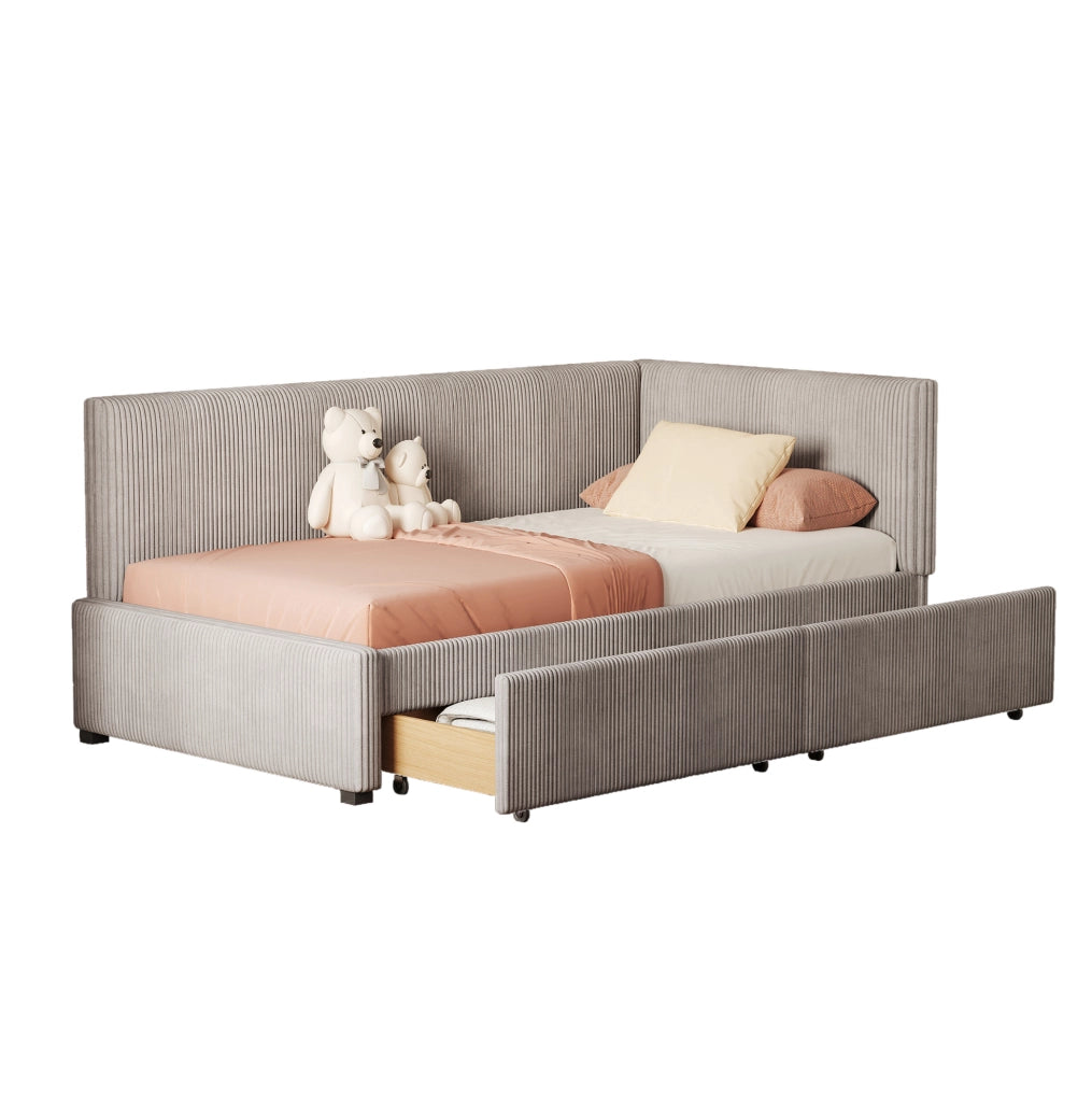 Letto singolo imbottito 90x200 cm con 2 cassetti contenitore, grigio