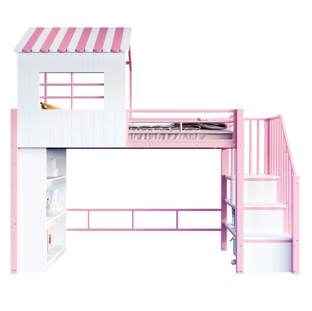 Letto a soppalco in ferro 90x200 cm con sponda alta, scala sicura reversibile e scaffalatura multi-livello, colore rosa
