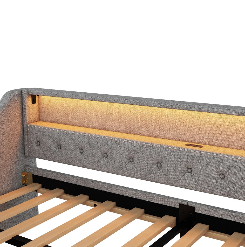 LETTO Giorno 90x200 cm in lino e MDF grigio con LED, USB e 2 cassetti