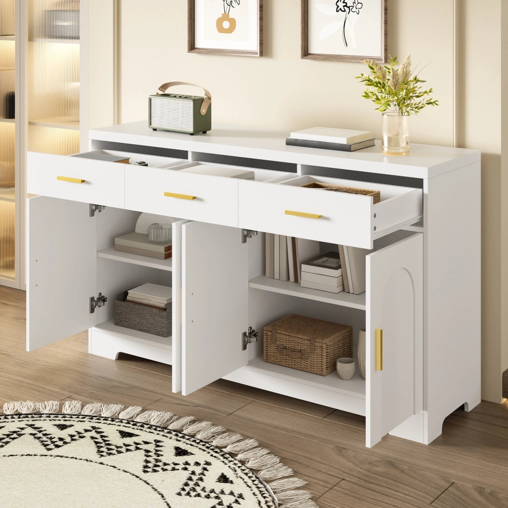 Credenza con cassetti, ripiani regolabili, piano elevabile in MDF bianco