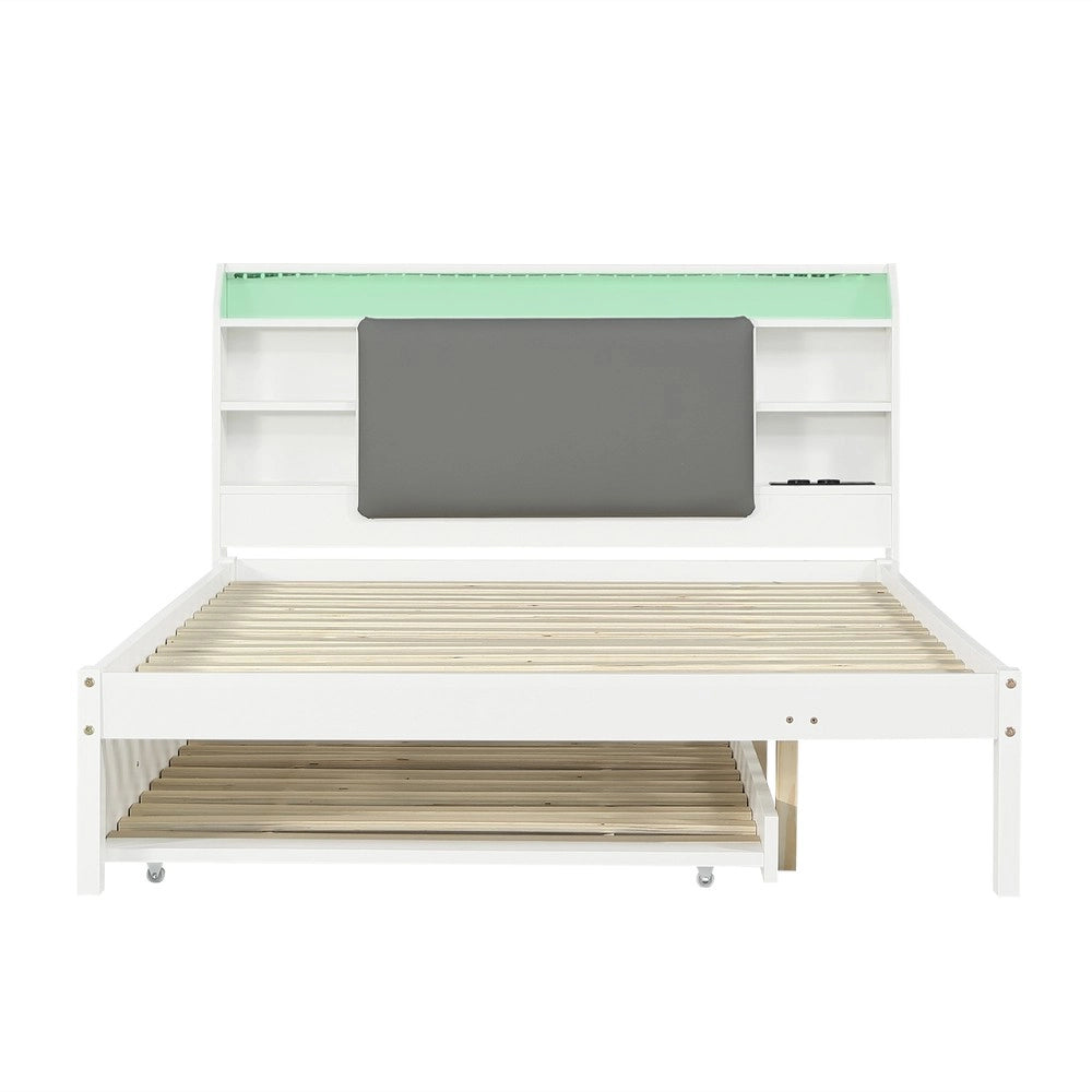 Letto in legno con letto estraibile e testiera imbottita LED ¨C Minimal ¨C Bianco 120x200 cm, letto estraibile 90x190 cm