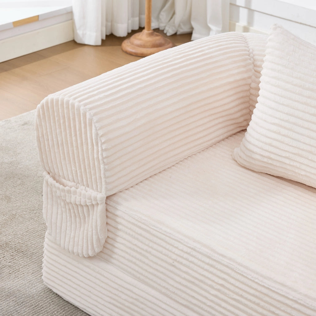 Poltrona letto singola trasformabile in velluto a coste beige con cuscino per ospiti e relax