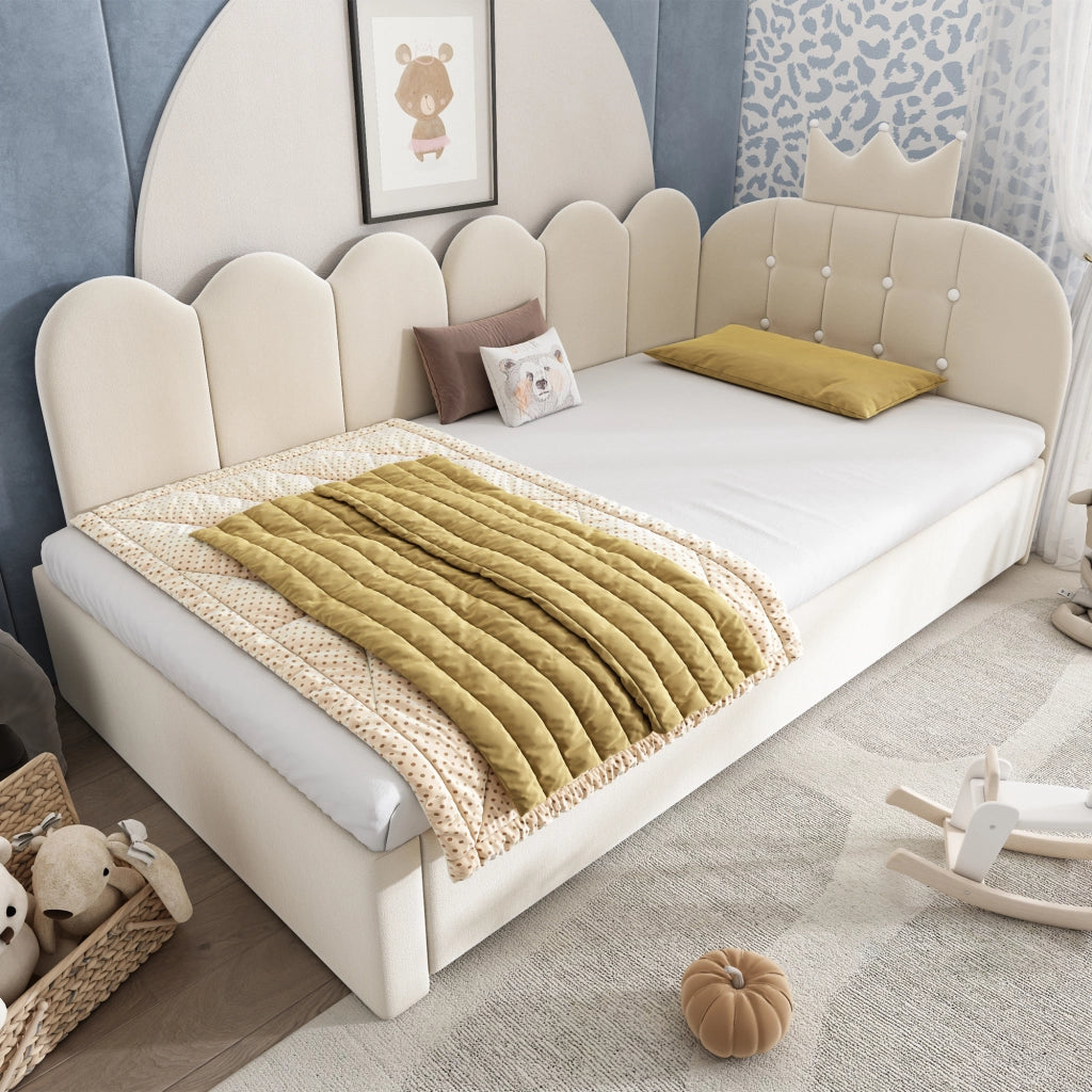 Letto imbottito per bambini 90 x 200 cm con letto estraibile 90 x 190 e rete a doghe, singolo con testiera a corona in velluto beige