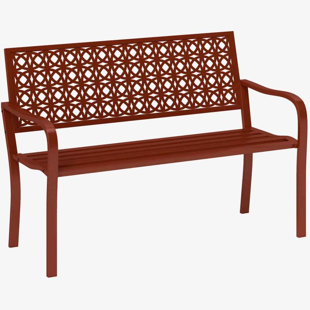 Panchina da giardino 127x63x85 cm rossa in acciaio; 2 posti con braccioli