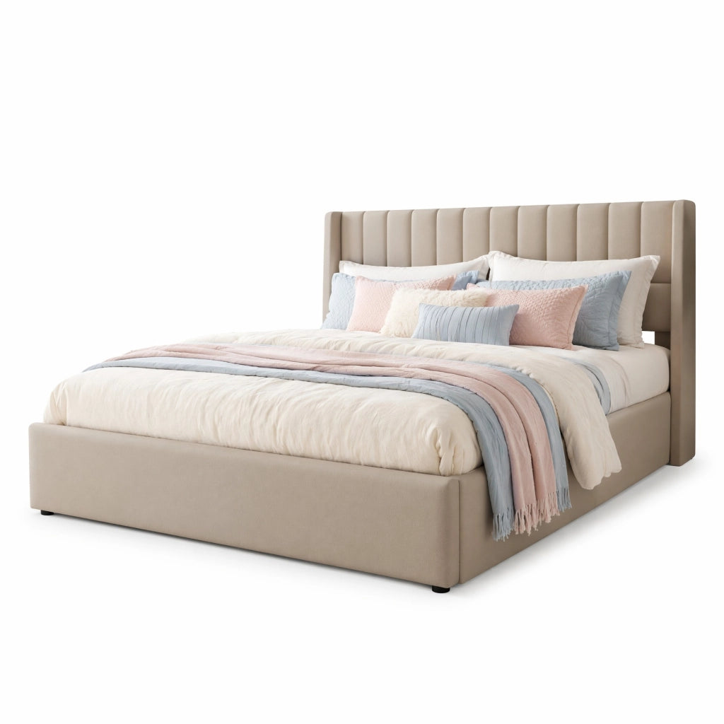 Letto matrimoniale imbottito con contenitore e sistema idraulico 160x200 cm, in lino beige