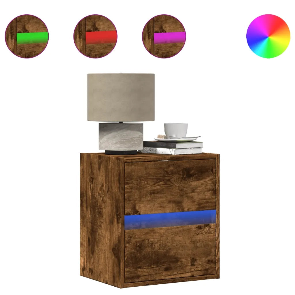 Comodino | Armadio da Notte | Mobiletto da notte a Parete con luci LED Rovere Fumo