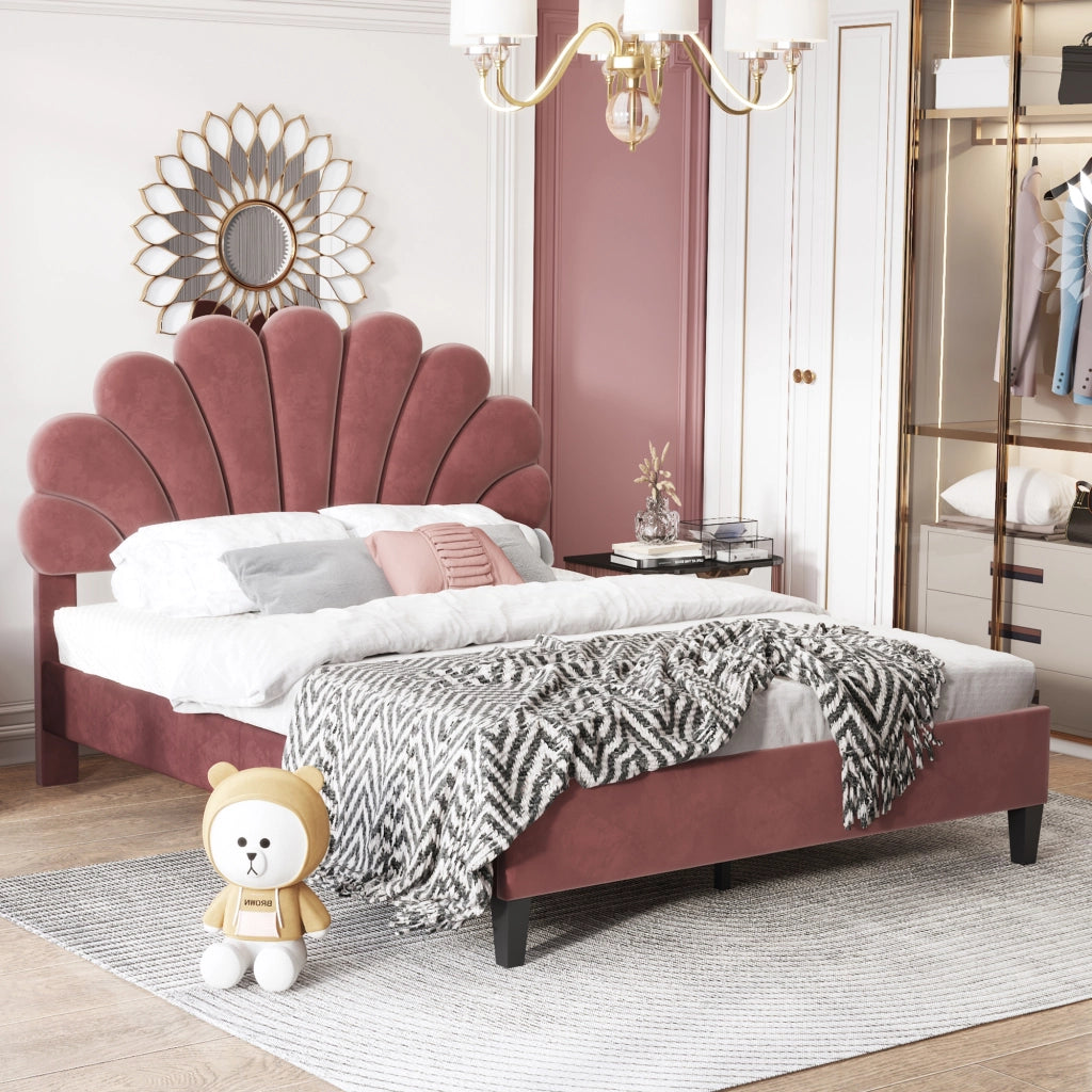 Letto matrimoniale imbottito 140 x 200 cm con testiera floreale; tessuto effetto velluto rosso fagiolo
