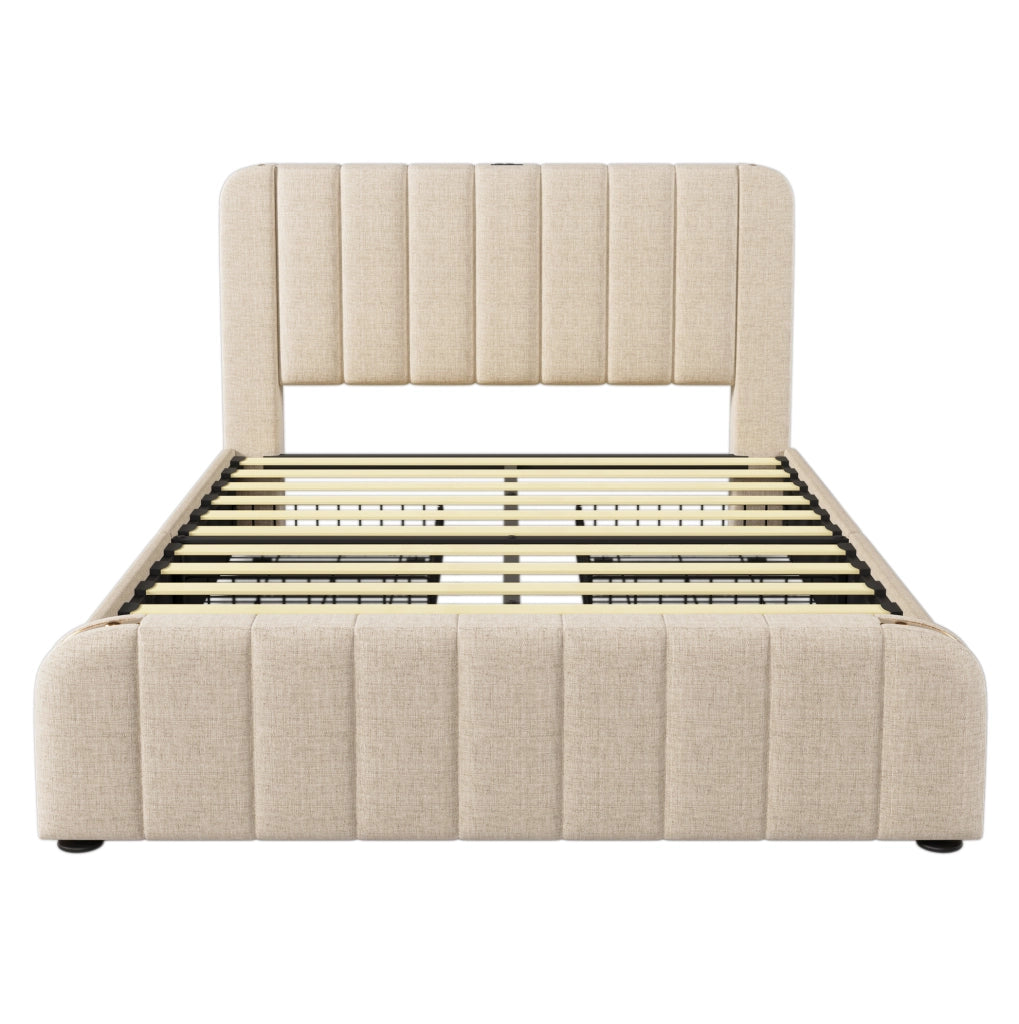 Letto imbottito 140x200 cm beige con materasso H3, 4 cassetti, USB e Type-C