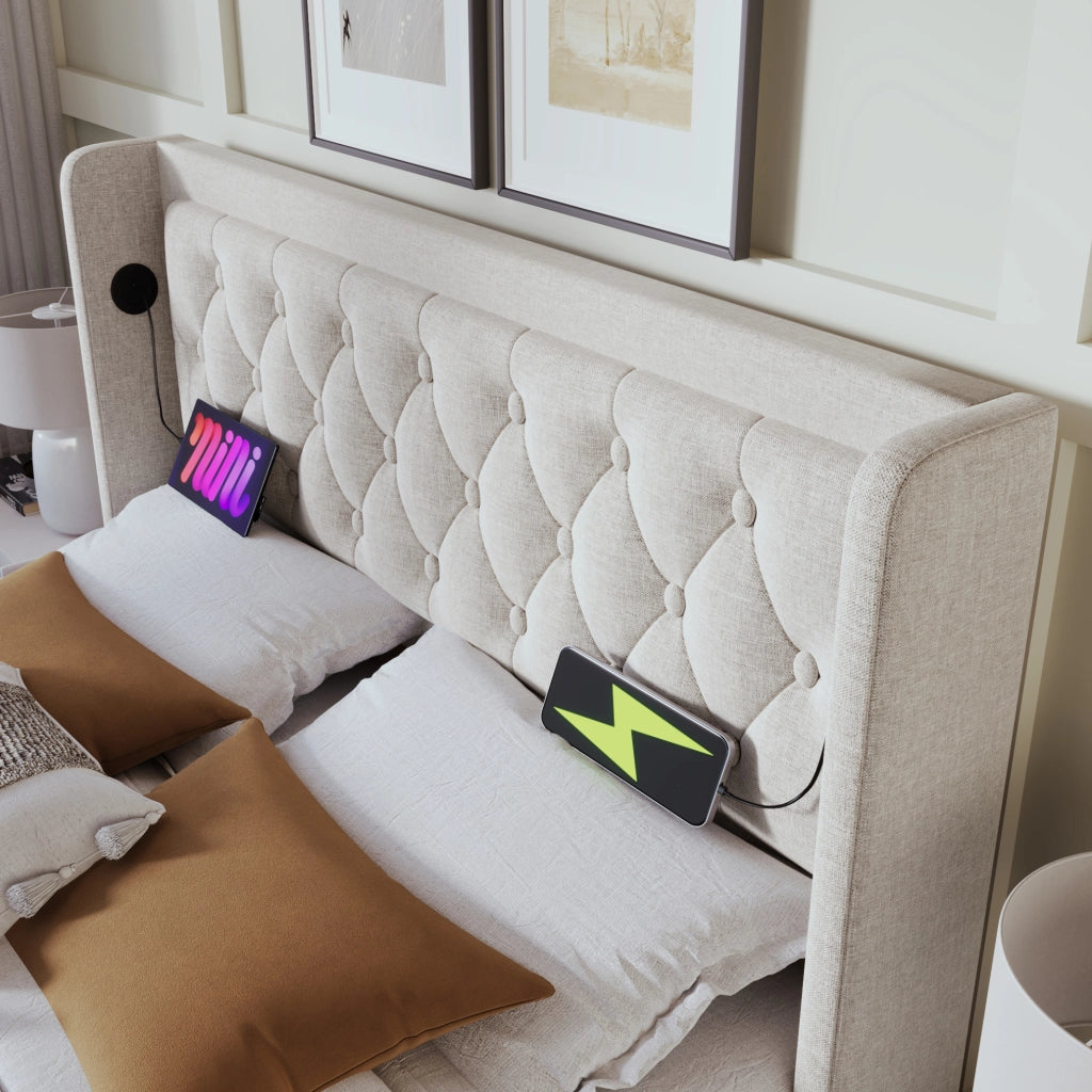 Letto contenitore beige 140 x 200 cm con LED, ricarica USB e Tipo-C