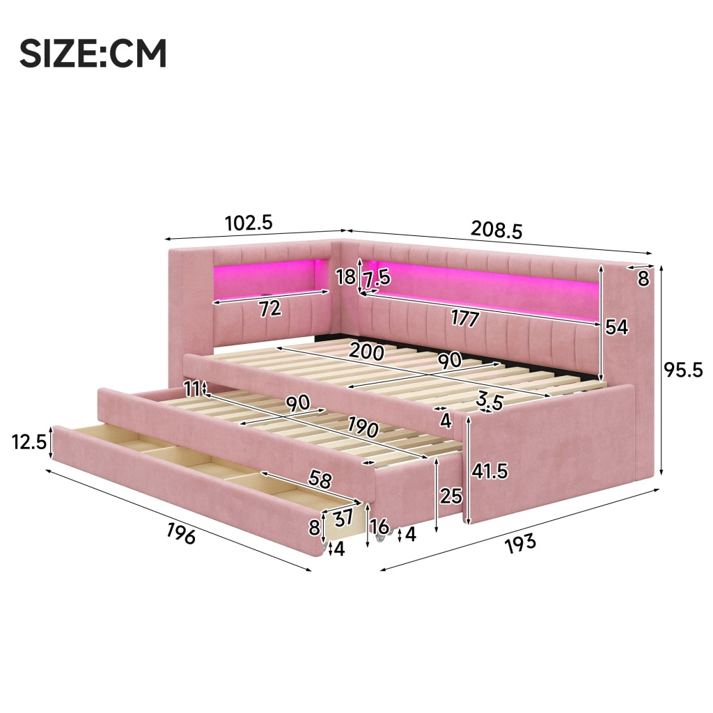 Letto singolo imbottito 90 × 200 cm con letto estraibile tre cassetti USB LED MDF e compensato rosa