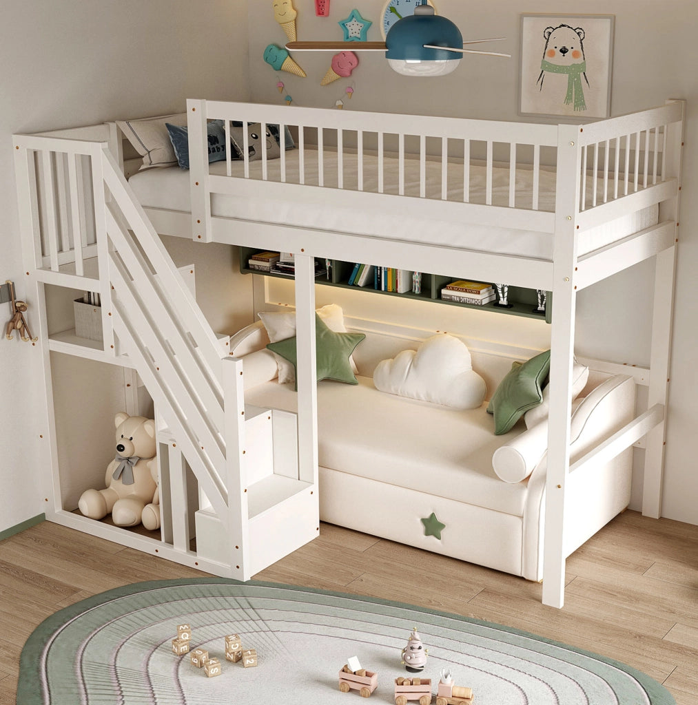 Letto a soppalco singolo 90x200 cm con scala contenitore; bianco