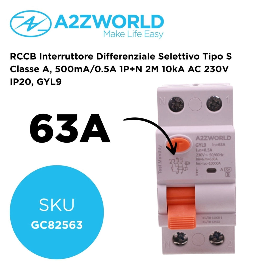 RCCB Interruttore Differenziale Selettivo Tipo S Classe A, 500mA/0.5A 1P+N 2M 10kA AC 230V IP20, GYL9, Corrente Disponibili 63A 100A (63A)