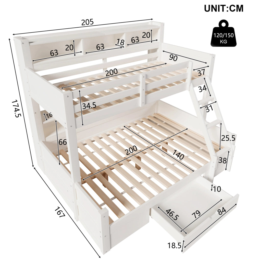 Letto a castello bambini 90x200 + 140x200 cm in pino bianco con LED