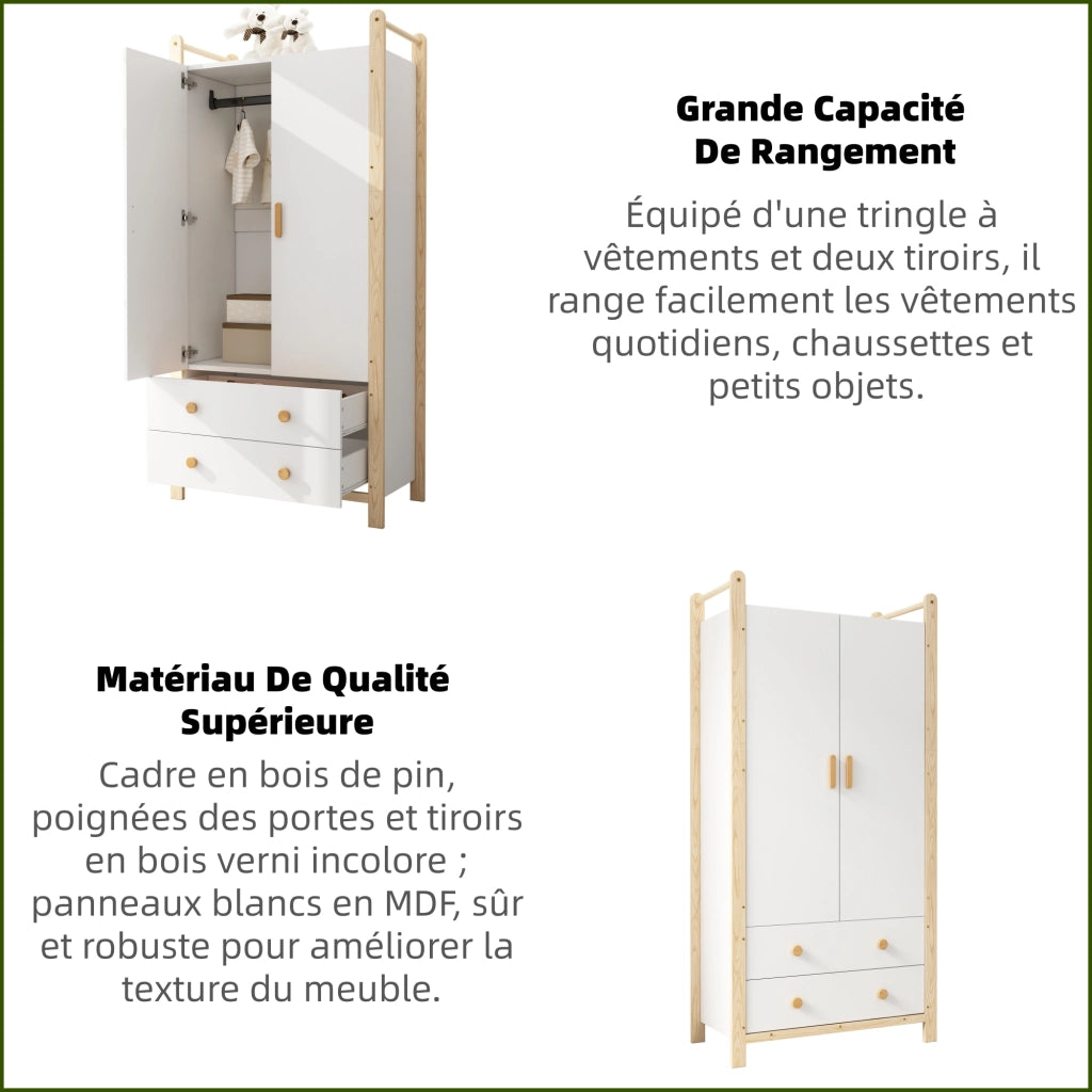 Armadio a 2 ante con appendiabiti e 2 cassetti per camera da letto bianco e legno 90 × 45 × 180 cm