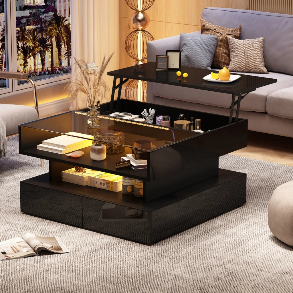 TAVOLINO da caffè 80x80x45 cm nero con LED e 2 cassetti