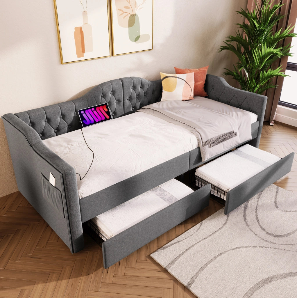 Letto imbottito grigio 90x200 cm con USB Type-C e 2 cassetti