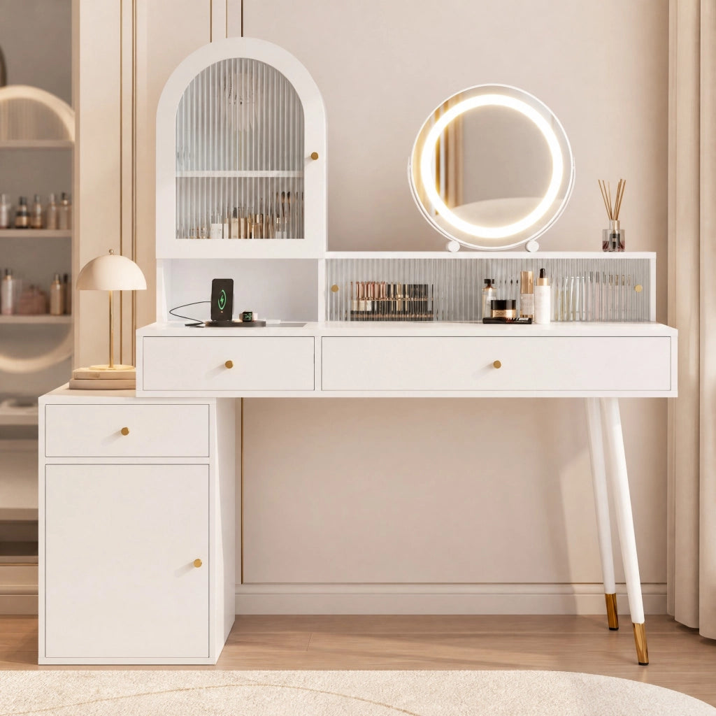 Toeletta bianca con specchio LED, prese e piano estensibile