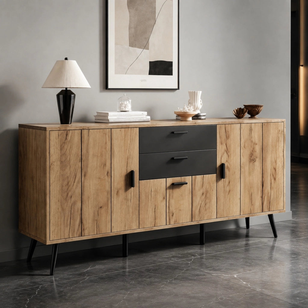 Credenza sideboard 140x35x67 cm con 2 cassetti e 3 ante nero e legno HAVRYA