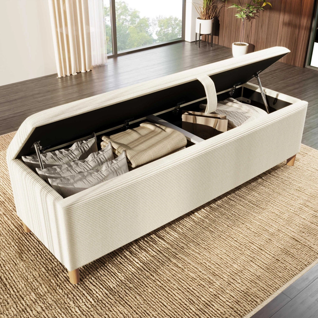 Panca contenitore 175x38x46 cm con apertura idraulica; velluto a coste beige