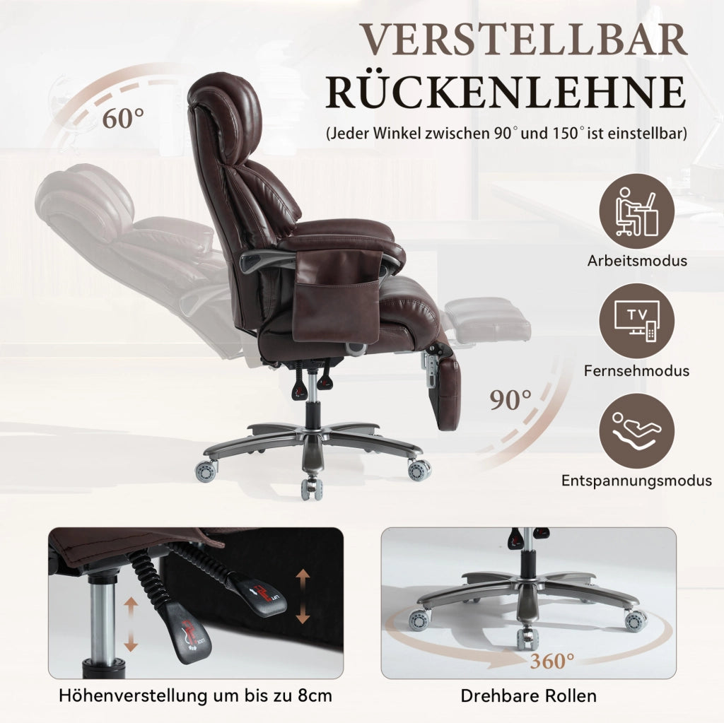 Sedia da ufficio ergonomica con massaggio e riscaldamento, rivestimento in pelle PU marrone, schienale regolabile, poggiapiedi ribaltabile, rotazione 360°, portata fino a 110 kg