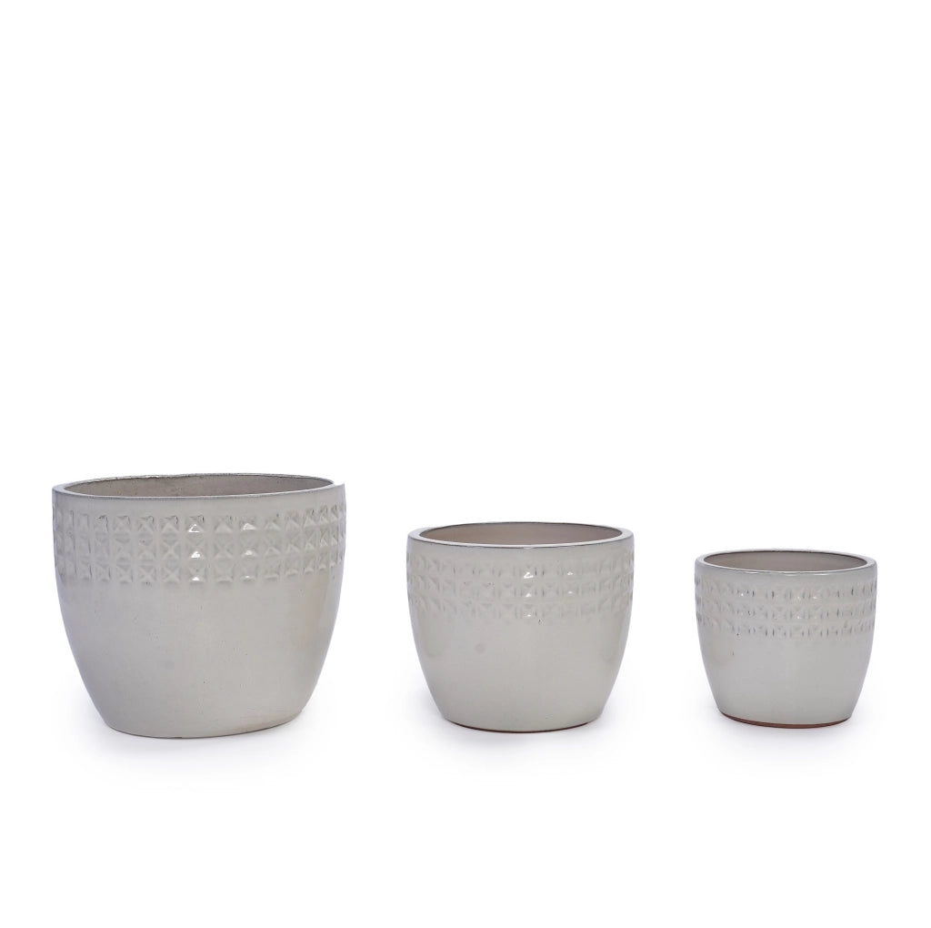 Set di 3 vasi in ceramica fatti a mano, smalto lucido crema con rilievo a cialda triangolare, Ø 38/30,5/23 cm, con foro di drenaggio, resistenti al gelo per interno e balcone