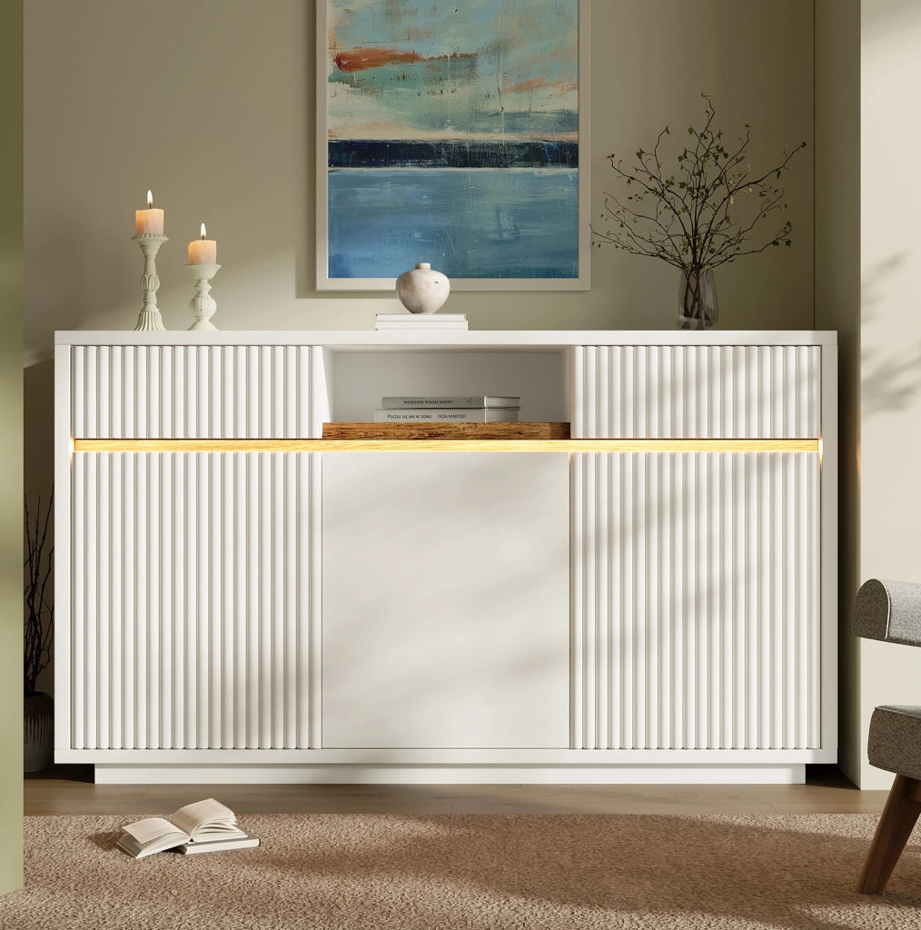 Credenza bianca con LED e spazio contenitivo flessibile