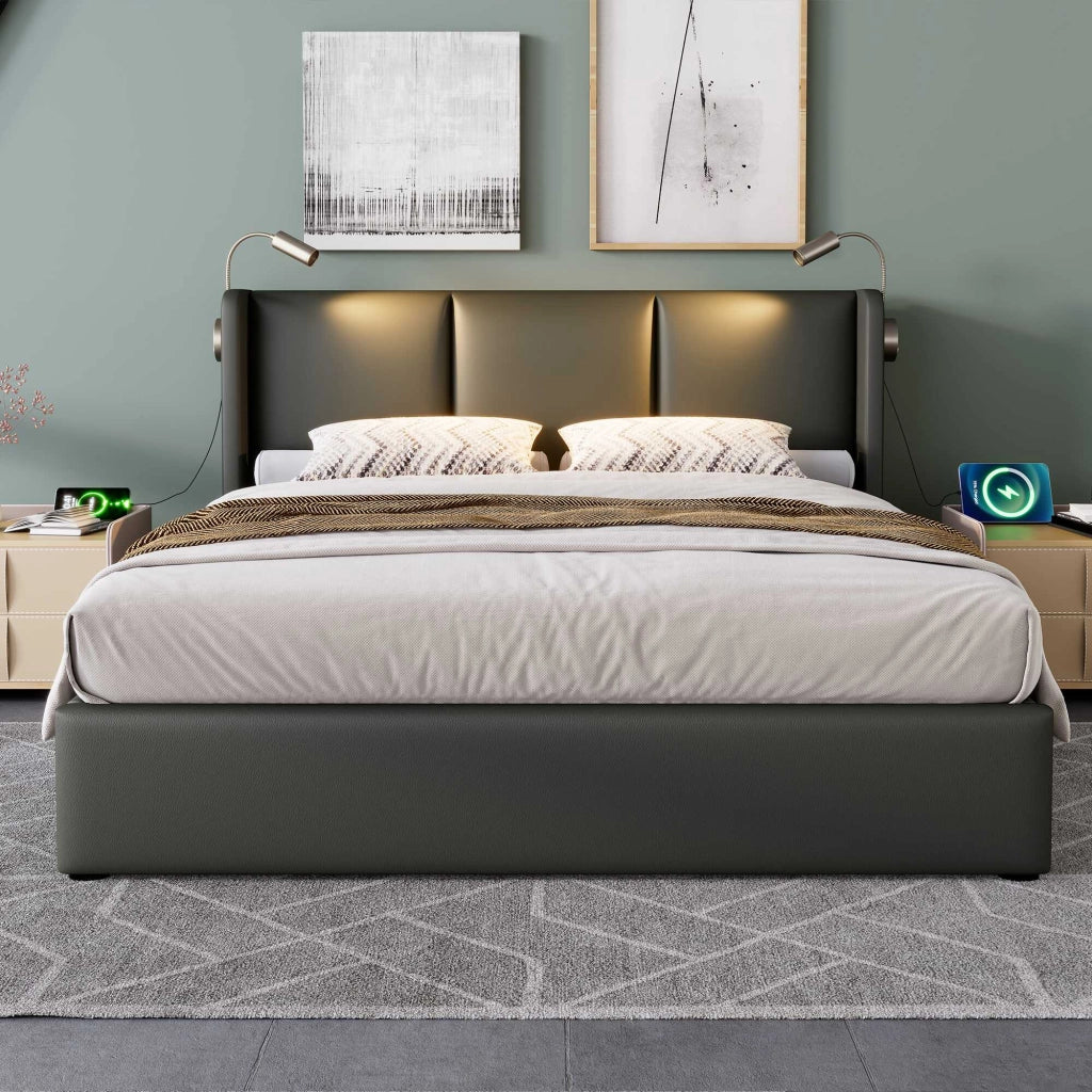 Letto contenitore grigio 180x200 cm in similpelle PU, rete a doghe sollevabile, luci da lettura e 2 USB