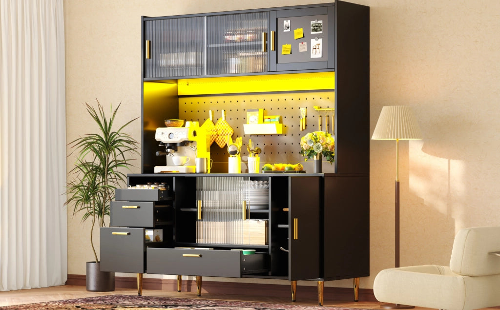 Credenza buffet da cucina 140x40x180 cm con LED, ante scorrevoli in vetro e pannello forato nera HAVRYA