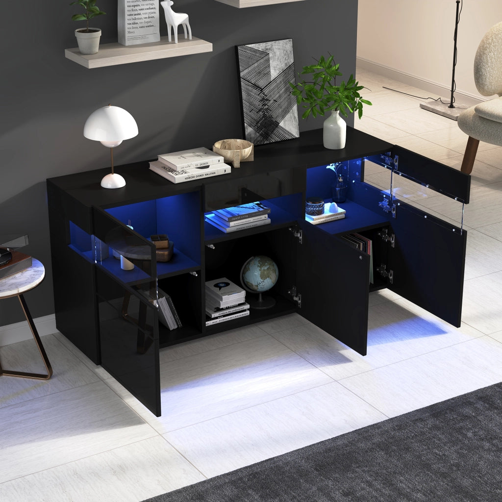 Madia con 3 ante e striscia LED controllabile tramite app; 7 vani in truciolare nero 140 × 40.5 × 66.5 cm