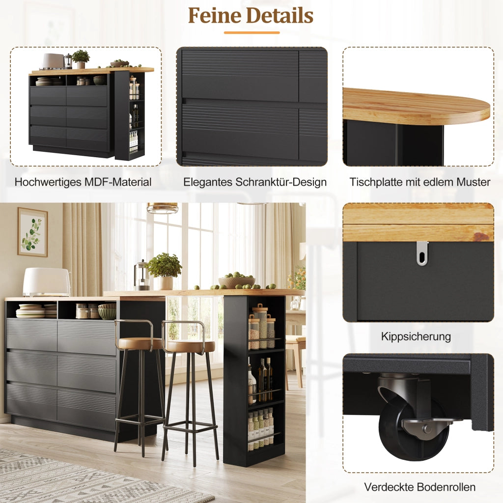 Tavolo alto allungabile girevole con 6 cassetti e ripiano laterale in MDF nero 137 × 39 × 102.3 cm