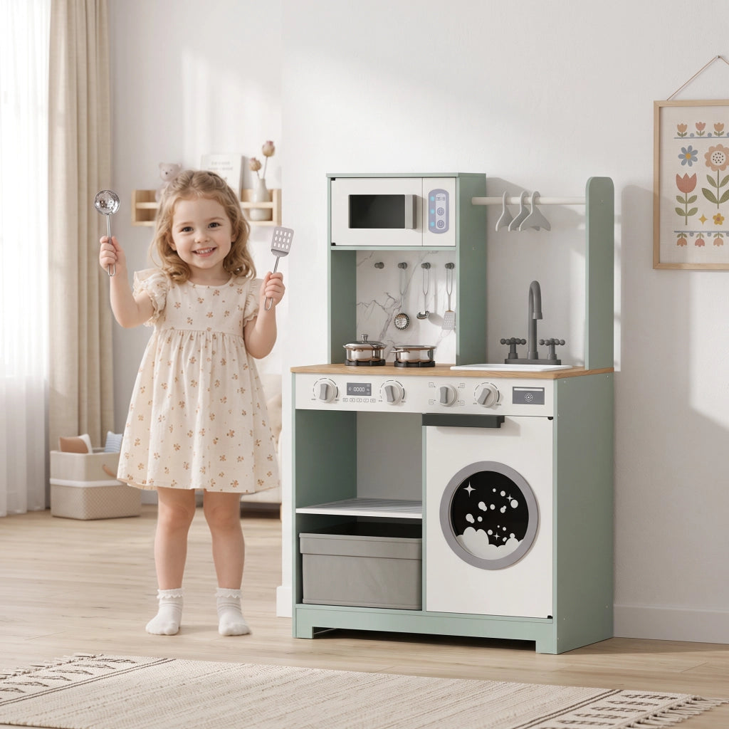 Cucina Giocattolo per Bambini Gioco d'Imitazione con Lavello Microonde e 5 Accessori Verde Pratico per Casa