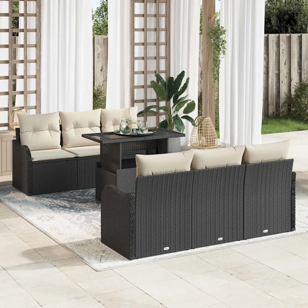 Set Divano da Giardino con cuscino 7 pcs Nero Poly Rattan