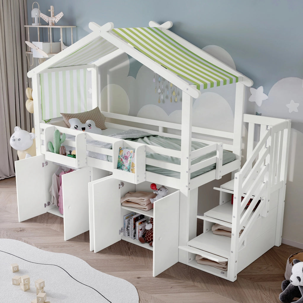 Letto a soppalco per bambini 90 × 200 cm 1 posto con armadio, 5 vani, scala e barriera, senza materasso, bianco e verde