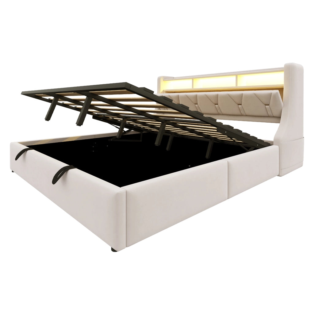 Letto contenitore 180 × 200 cm con testiera imbottita in velluto beige LED USB