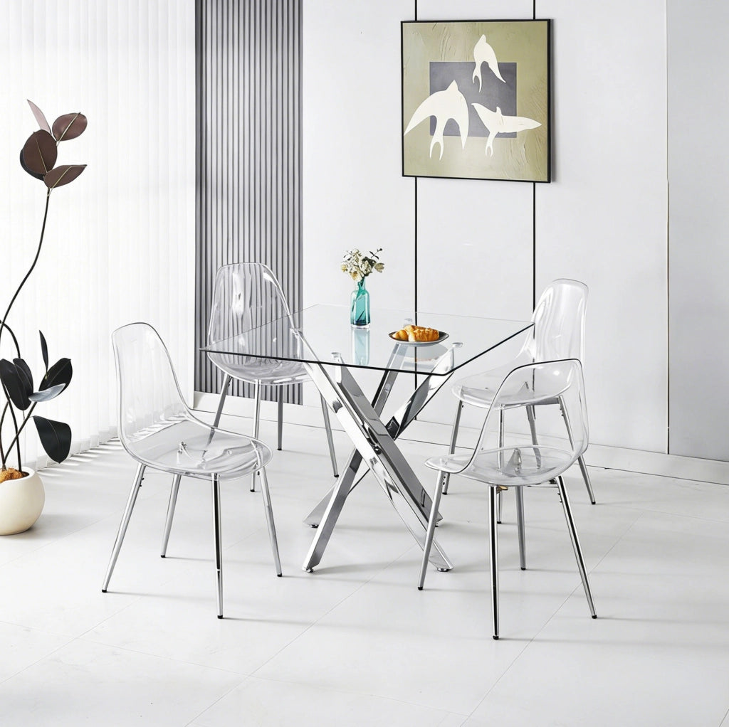Set tavolo e sedie 5 pezzi 80x80x75 cm in metallo e vetro trasparente