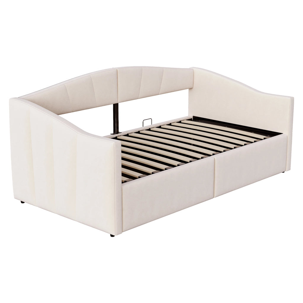Letto contenitore singolo 90×200 cm con sollevamento idraulico e rete a doghe; senza materasso; velluto; beige