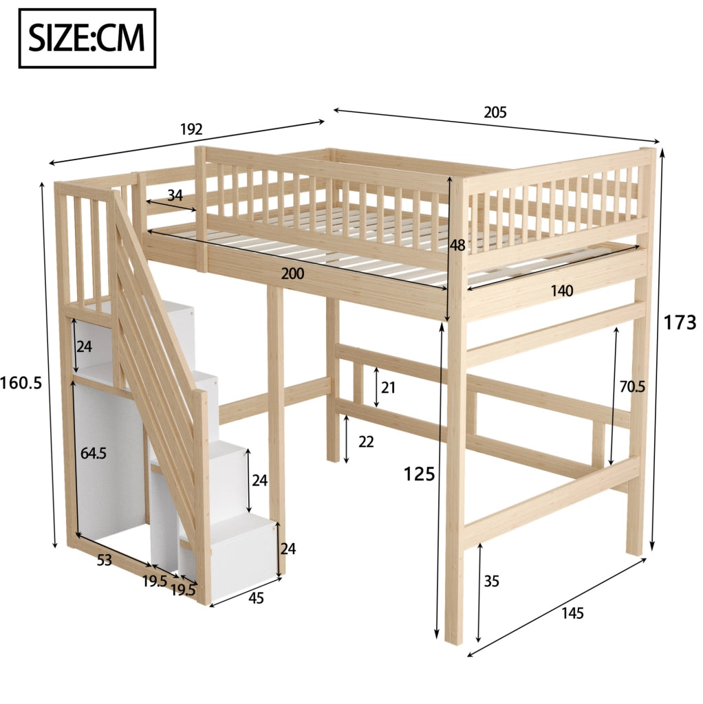 Letto rialzato 140x200 cm con scala contenitore e sponda alta colore naturale