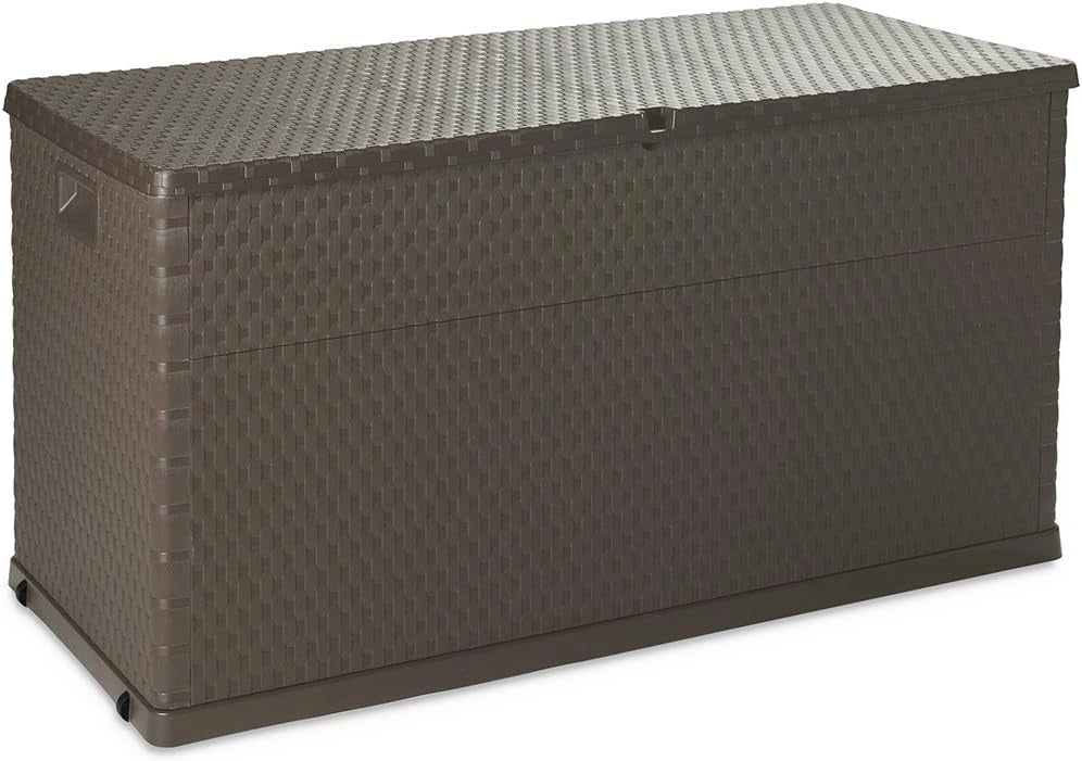 Baule multiuso da esterno in resina effetto rattan 420 litri con ruote colore marrone Toomax