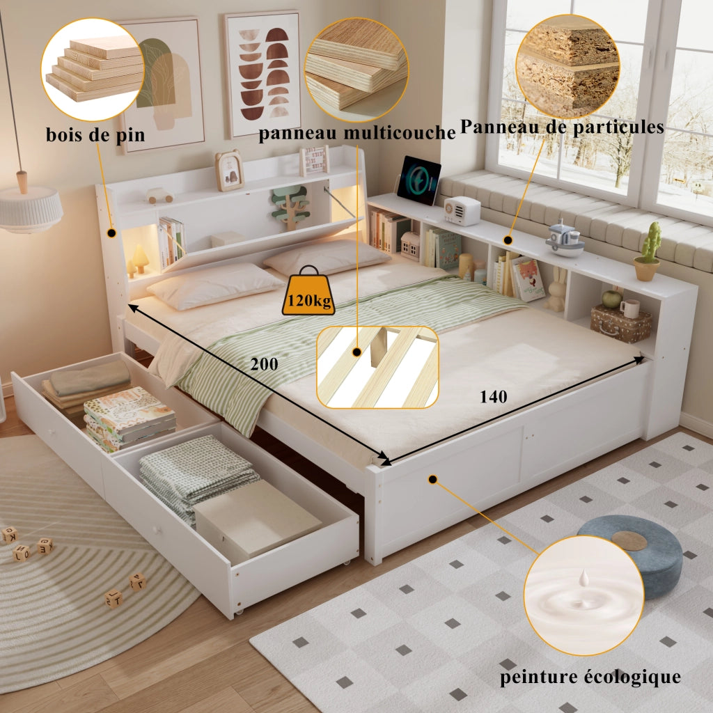 Letto matrimoniale 140x200 cm bianco in pino e MDF con testiera contenitore; luci e ricarica