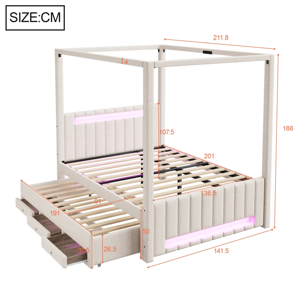 Letto a baldacchino imbottito 140x200 cm per adulti con letto estraibile; LED e 3 cassetti; lino beige