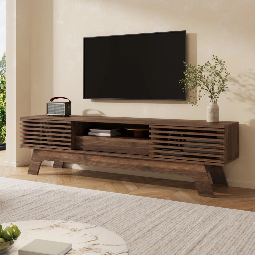 MOBILE TV 150x35x44 cm MDF Color Noce con ante a lamelle